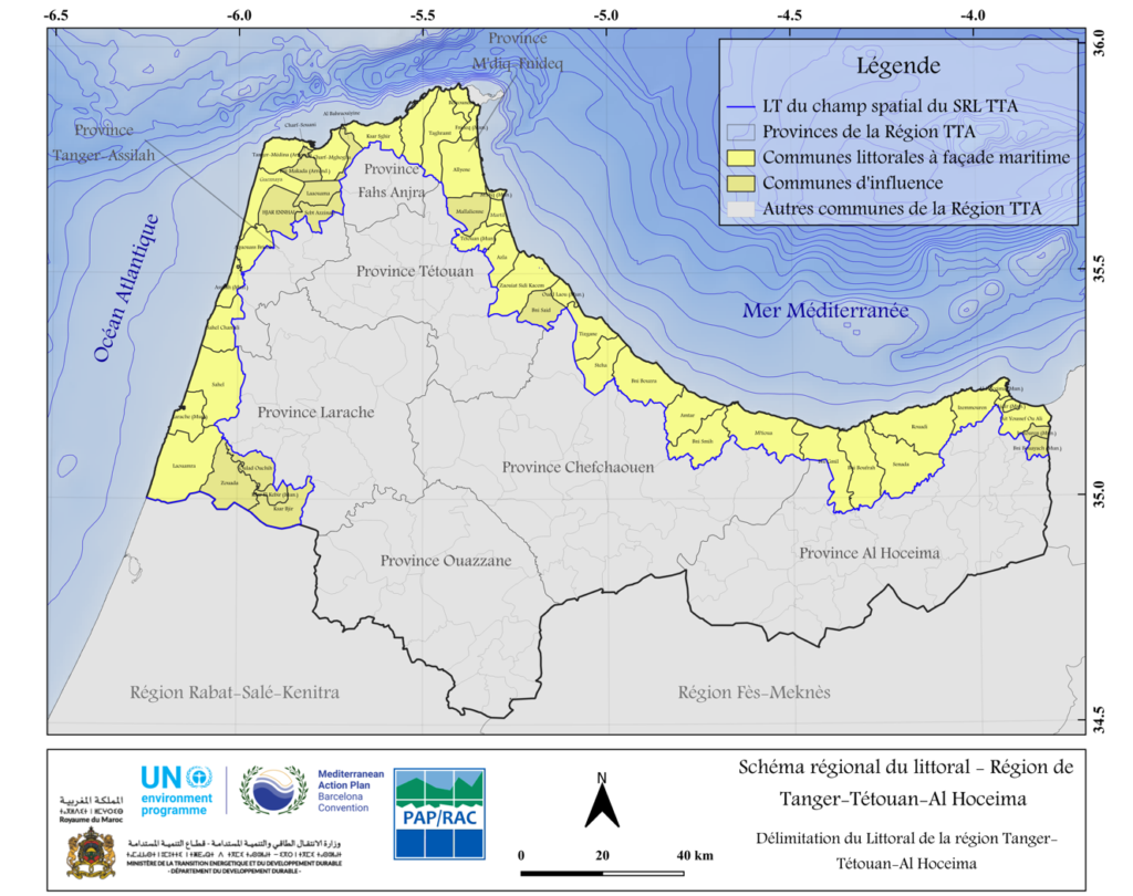 Map of the Region: Geographical location of the TTA region and its administrative subdivisions, with the chosen spatial zone of the coastal plan TTA (champ spatial du SRL TTA).